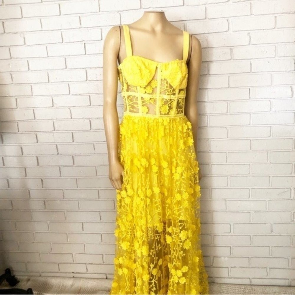 Bronx and Banco Yellow Floral Lace Corset Maxi Dress Sleeveless Square Neck | XL